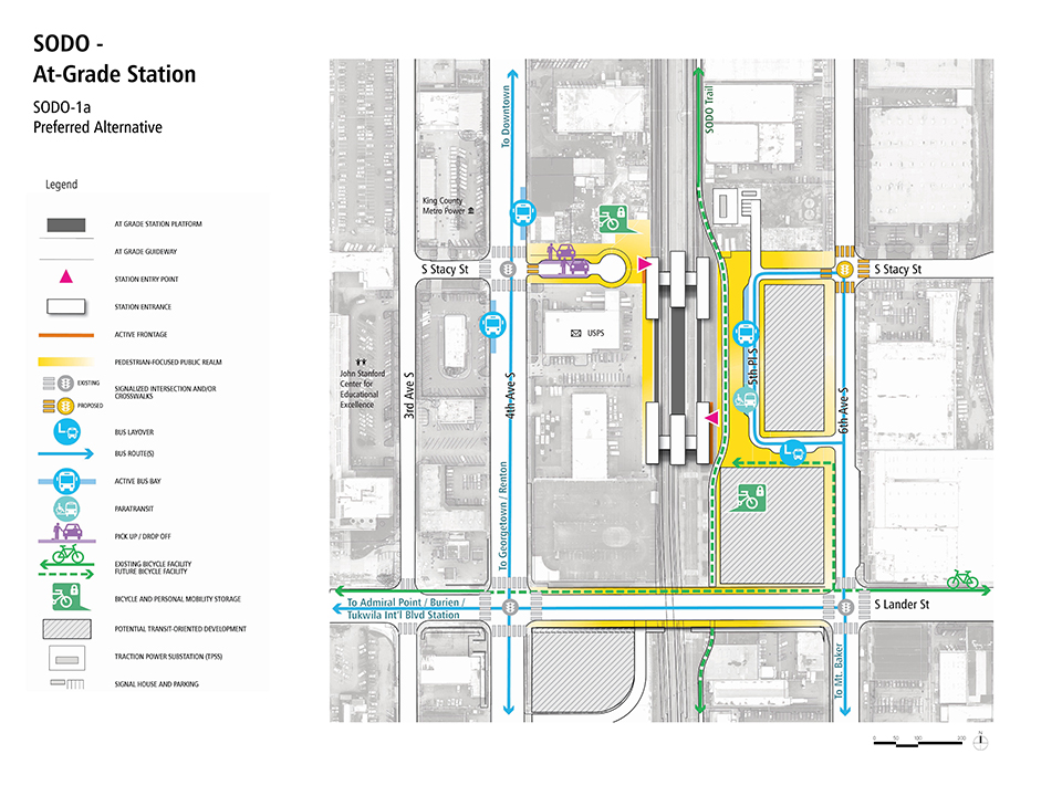 A map describes how pedestrians, bus riders, streetcar riders, bicyclists, and drivers could access the SODO – At-Grade Station.